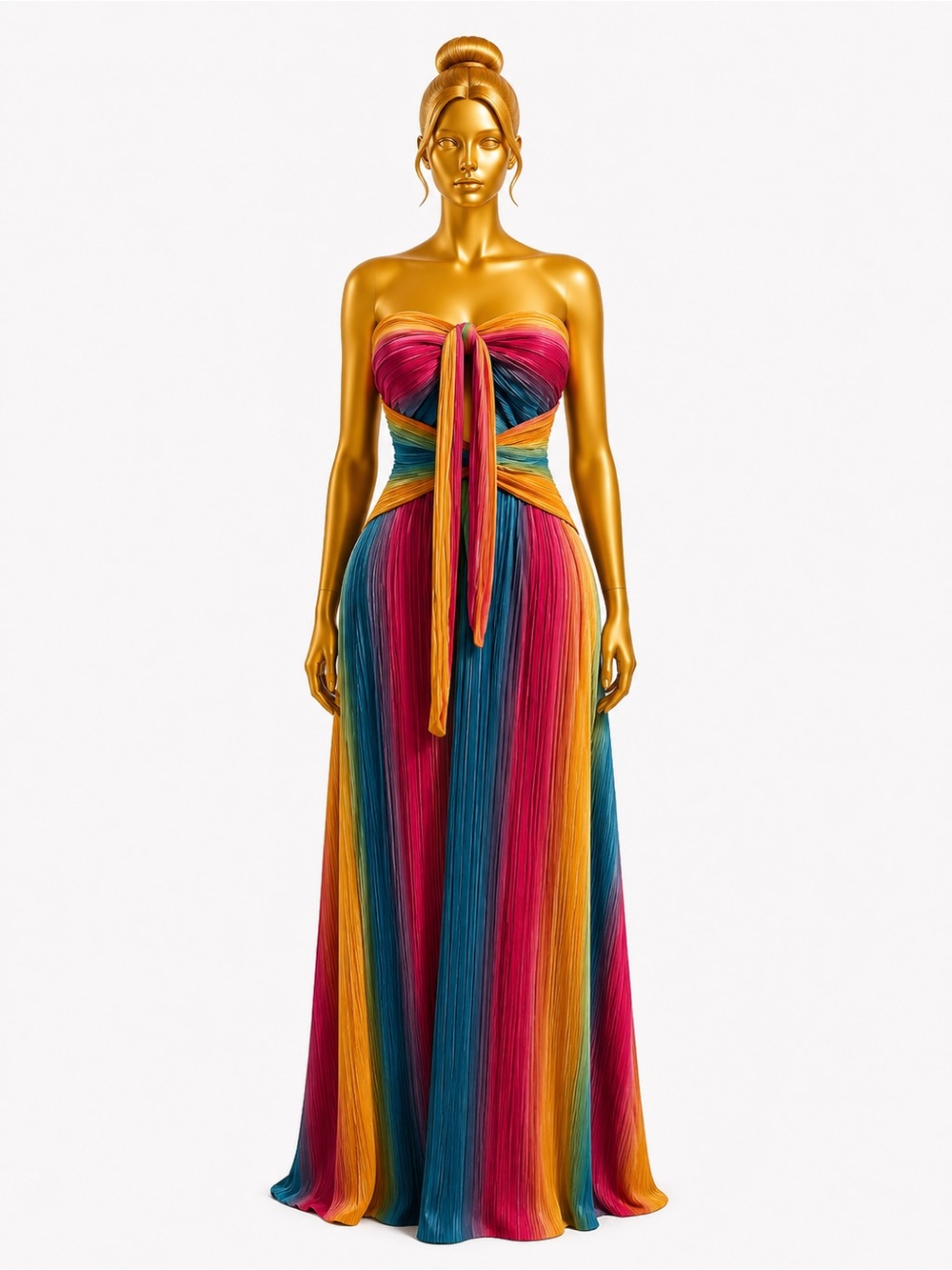 Strapless Multicolor Pleated Maxi Dress with Front Tie